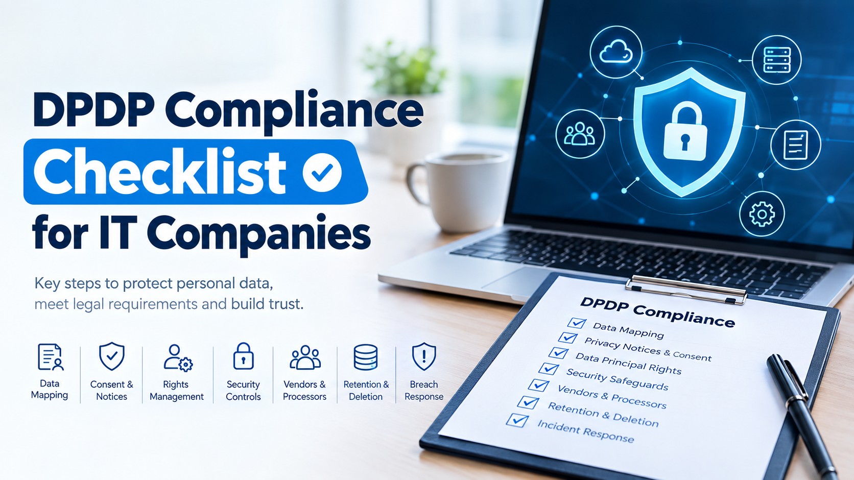 DPDP compliance checklist for IT companies covering data mapping, consent, security, data breaches, vendors, retention, and deletion